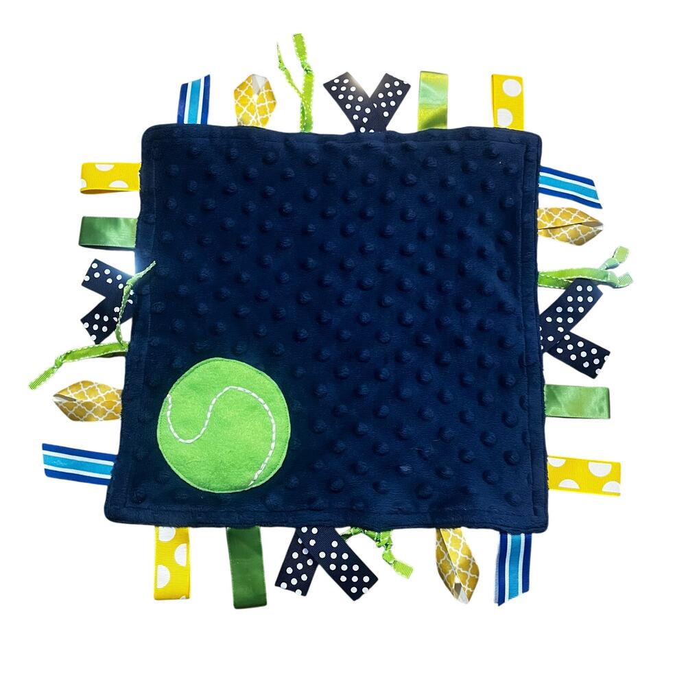 Blue Tennis Sensory Security Blanket Lovey‎ Navy Minky Ribbon Tabs Baby